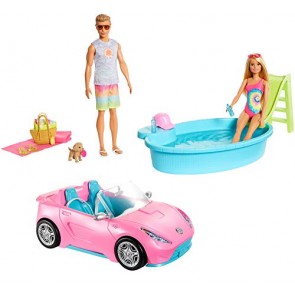 Barbie- Bambole Ken in Costume da Bagno con Auto Cabrio, Piscina con S